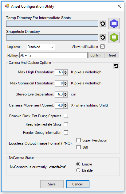 Set NvCamera Status to enabled in the Ansel Configuration Utility.