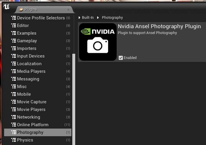 Enable Ansel in the Editor Plugins menu.