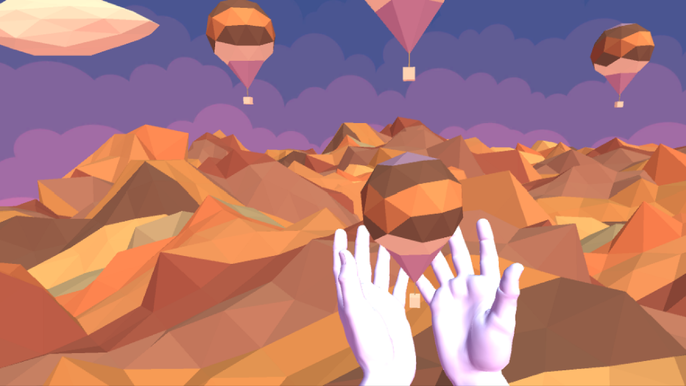Hand tracked VR environment w/ hot air balloons.