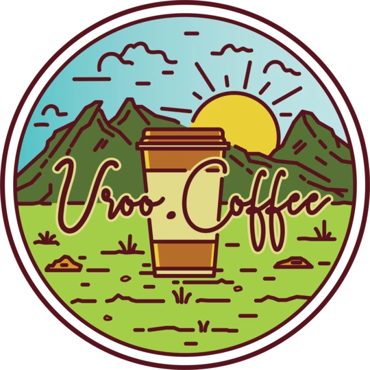 Vroo Coffee Logo, a cup of coffee in the mountains